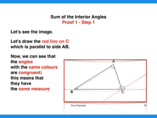 Sum of the Interior Angles
Proof 1 - Step 1
Let’s see the image.
Let's draw the red line on C
which is parallel to side AB.
Now, we can see that
the angles
with the same colours
are congruent:
this means that
they have
the same measure
Enzo Exposyto 35
 