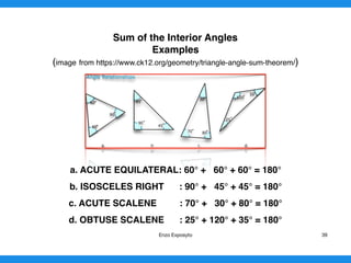 Sum of the Interior Angles
Examples
(image from https://www.ck12.org/geometry/triangle-angle-sum-theorem/)
a. EQUILATERAL ACUTE: 60° + 60° + 60° = 180°
b. ISOSCELES RIGHT : 90° + 45° + 45° = 180°
c. SCALENE ACUTE : 70° + 30° + 80° = 180°
d. SCALENE OBTUSE : 25° + 120° + 35° = 180°
Enzo Exposyto 39
 