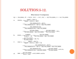 SOLUTION:5-12.
                  Harmon Company

Q = 30,000, P = $25, VC = $7, FC = $270,000, I = $170,000

            Q(P −VC)
a.   DOL =
          Q(P −VC) −FC
                 30, 000($25 −$7)
          =
           30, 000($25 − $7) −$270, 000
                 30, 000($18)
          =
           30, 000($18) − $270, 000
                 $540, 000        $540, 000
          =                      =          =2x
           $540, 000 − $270, 000  $270, 000

           EBIT          $270, 000
b.   DFL =        =
          EBIT −I  $270, 000 − $170, 000
          $270, 000
         =          =2.7x
          $100, 000

c.           Q(P −VC)
     DCL =
          Q(P −VC) −FC −I
                     30, 000($25 − $7)
         =
          30, 000($25 −$7) − $270, 000 −$170, 000
                30, 000($18)        $540, 000
         =                         =          =5.4x
          30, 000($18) − $440, 000  $100, 000

         $270,000
d.   BE =         =15, 000 units
         $25 − $7
 