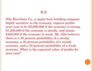 6-2
Nile Riverboat Co., a major boat building company
highly sensitive to the economy, expects profits
next year to be $2,000,000 if the economy is strong,
$1,200,000 if the economy is steady, and minus
$400,000 if the economy is weak. Mr. Nile believes
there is a 30 percent probability of a strong
economy, a 40 percent probability of a steady
economy, and a 30 percent probability of a weak
economy. What is the expected value of profits for
next year?
 