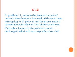 6-12
In problem 11, assume the term structure of
interest rates becomes inverted, with short-term
rates going to 11 percent and long-term rates 4
percentage points lower than short-term rates.
If all other factors in the problem remain
unchanged, what will earnings after taxes be?
 
