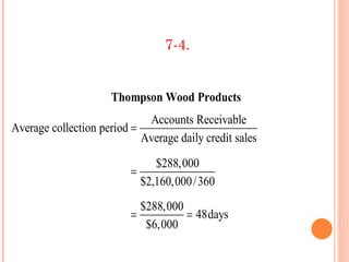 7-4.


                     Thompson Wood Products
                             Accounts Receivable
Average collection period =
                            Average daily credit sales
                               $288,000
                          =
                            $2,160,000 / 360
                            $288,000
                          =          = 48days
                             $6,000
 