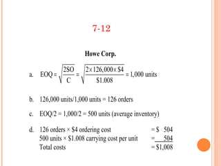 7-12

                      Howe Corp.

         2SO   2 × 126,000 × $4
a. EOQ =     =                  = 1,000 units
          C         $1.008

b. 126,000 units/1,000 units = 126 orders
c. EOQ/2 = 1,000/2 = 500 units (average inventory)

d. 126 orders × $4 ordering cost               = $ 504
   500 units × $1.008 carrying cost per unit   = 504
   Total costs                                 = $1,008
 