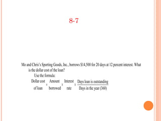 8-7




Mo and Chris’s Sporting Goods, Inc., borrows $14,500 for 20 days at 12 percent interest. What
    is the dollar cost of the loan?
         Use the formula:
       Dollar cost Amount Interest Days loan is outstanding
                   =             ×       ×
         of loan borrowed rate             Days in the year (360)
 