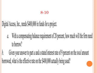 8-10


Digital Access, Inc., needs $400,000 in funds for a project.
     a. With a compensating balance requirement of 20 percent, how much wil the firm need
          to borrow?
b. Given your answer to part a and a stated interest rate of 9 percent on the total amount
borrowed, what is the effective rate on the $400,000 actually being used?
 