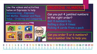 ORDERING NUMBERSUse the videos and activities
below on Espresso to help
Homelearning ...Espresso …
Ks1 Maths… Number and Place
Value… Ordering and Comparing
Can you put 4 jumbled numbers
in the right order?
Get 4 numbers by;
Rolling a dice 4 times
Picking 4 cards from a pack
Can you order 5 or 6 numbers?
Use a number line to help you.
 