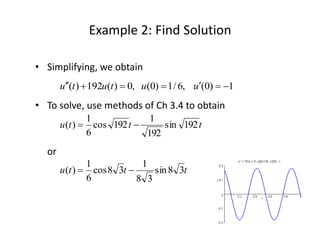 Example 2: Find Solution
• Simplifying, we obtain
• To solve, use methods of Ch 3.4 to obtain
or
1)0(,6/1)0(,0)(192)(  uututu
tttu 192sin
192
1
192cos
6
1
)( 
tttu 38sin
38
1
38cos
6
1
)( 
 