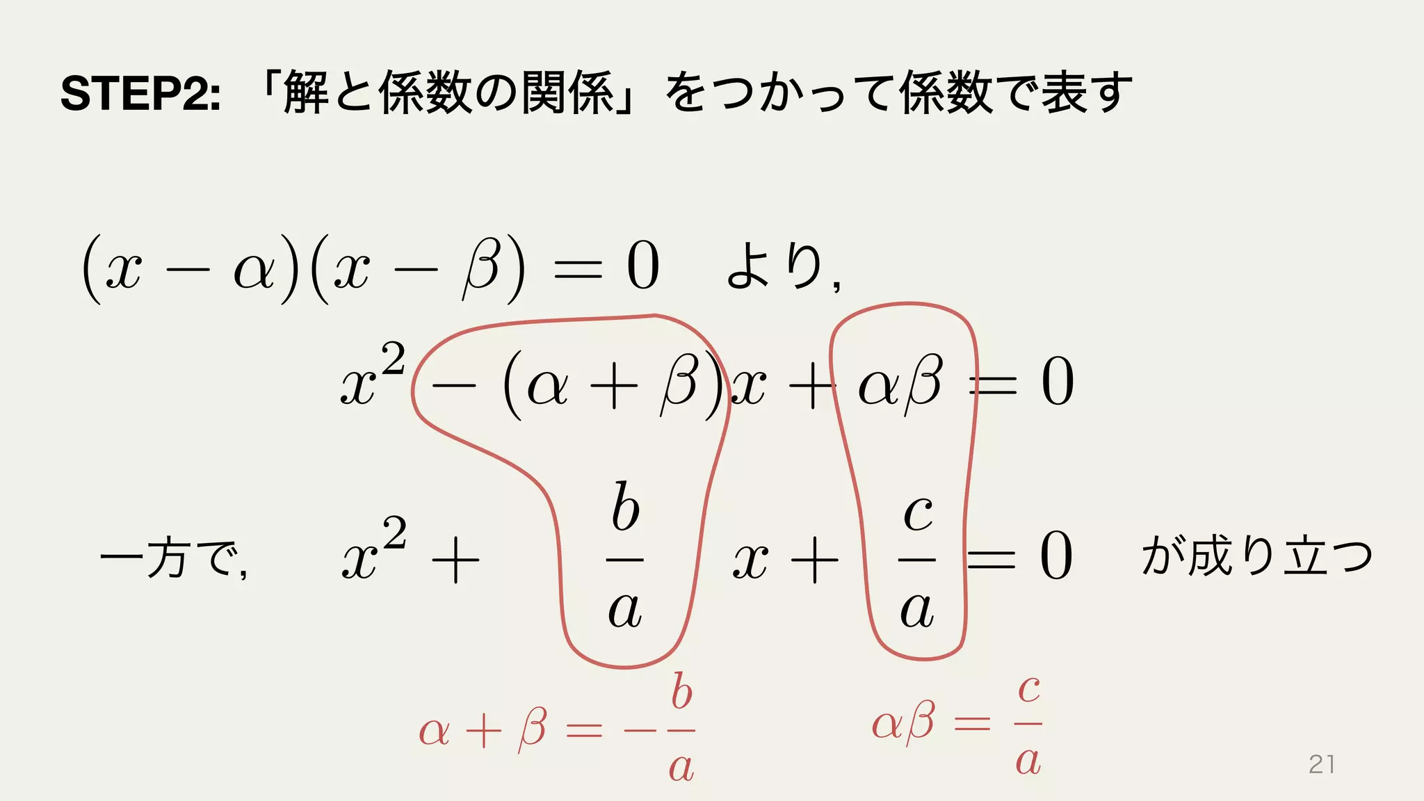 (x ↵)(x ) = 0 より，
x2
(↵ + )x + ↵ = 0
一方で， x2
+
b
a
x +
c
a
= 0 が成り立つ
↵ + =
b
a
↵ =
c
a 21
STEP2: 「解と係数の関係」をつかって係数で表す
 