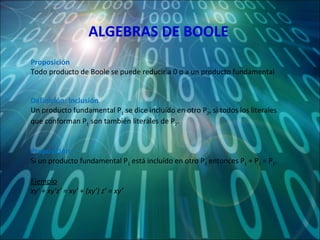 ALGEBRAS DE BOOLE Proposición Todo producto de Boole se puede reducir a 0 o a un producto fundamental Definición: Inclusión Un producto fundamental P 1  se dice incluído en otro P 2 , si todos los literales que conforman P 1  son también literales de P 2 . Proposición Si un producto fundamental P 1  está incluído en otro P 2  entonces P 1  + P 2  = P 1 . Ejemplo xy’ + xy’z’ = xy’ + (xy’) z’ = xy’ 