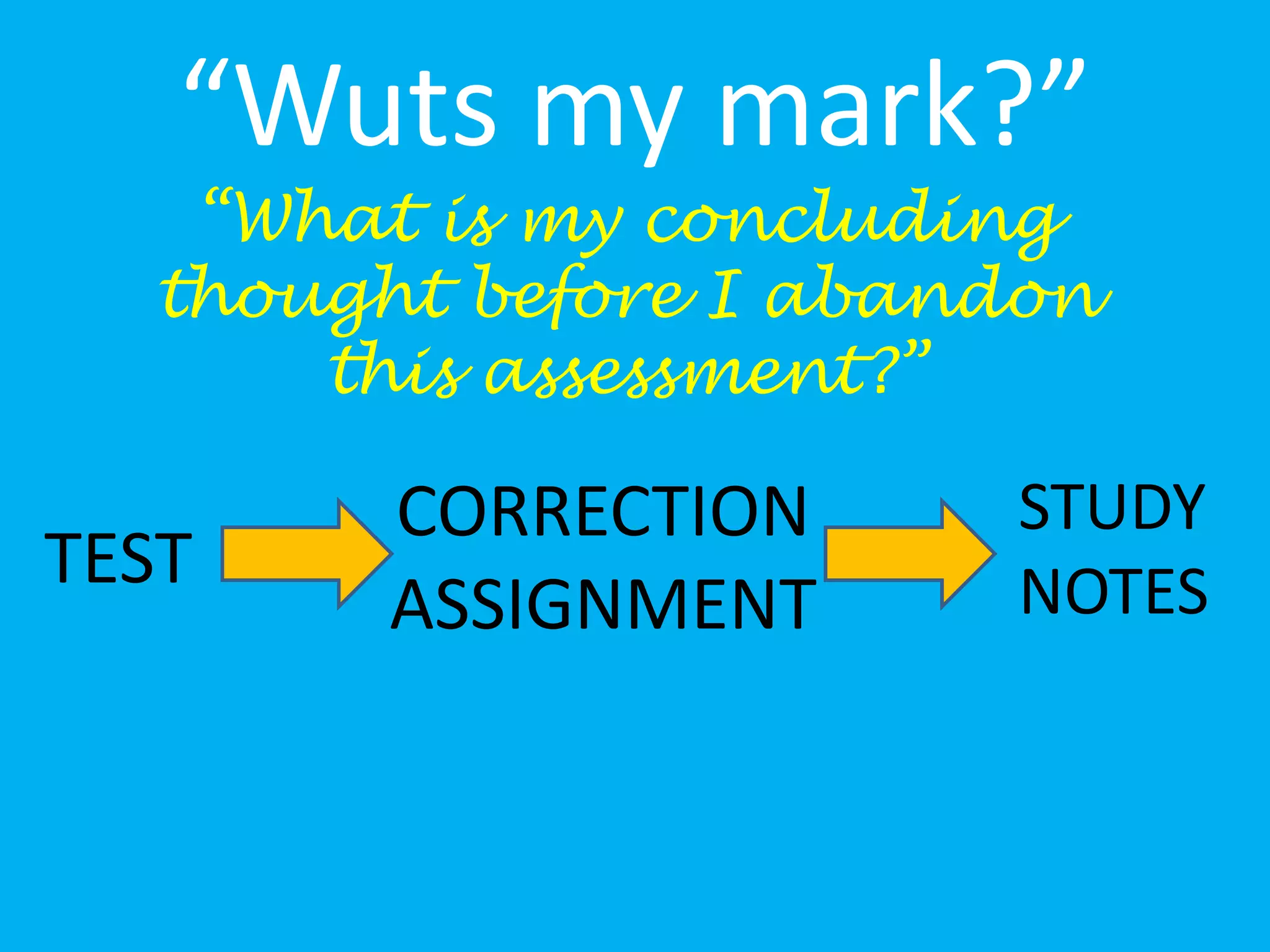 “Wuts my mark?”
“What is my concluding
thought before I abandon
this assessment?”
TEST
CORRECTION
ASSIGNMENT
STUDY
NOTES
 