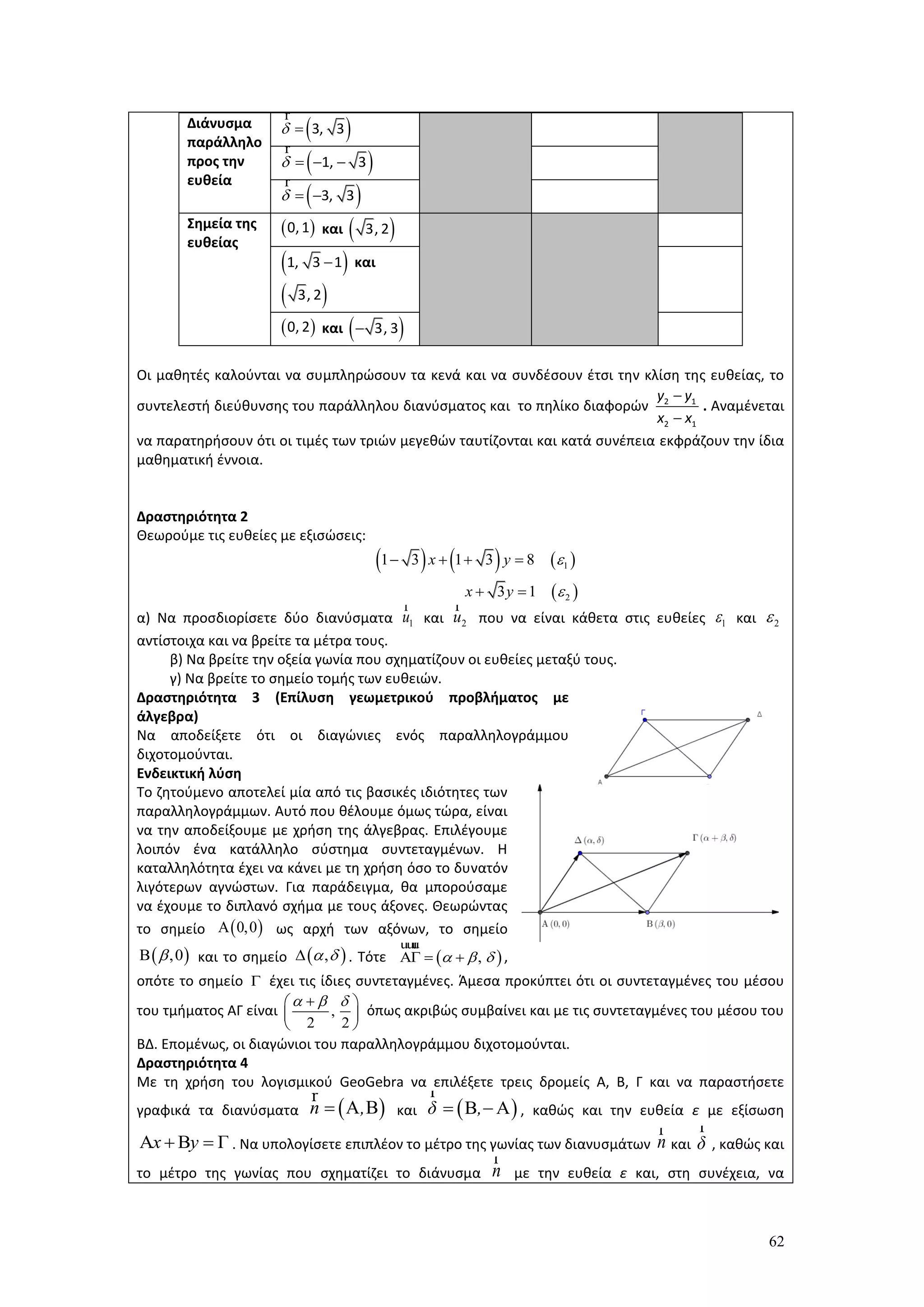 62
Διάνυσμα
παράλληλο
προς την
ευθεία
Σημεία της
ευθείας
και
και
και
Οι μαθητές καλούνται να συμπληρώσουν τα κενά και να συνδέσουν έτσι την κλίση της ευθείας, το
συντελεστή διεύθυνσης του παράλληλου διανύσματος και το πηλίκο διαφορών . Αναμένεται
να παρατηρήσουν ότι οι τιμές των τριών μεγεθών ταυτίζονται και κατά συνέπεια εκφράζουν την ίδια
μαθηματική έννοια.
Δραστηριότητα 2
Θεωρούμε τις ευθείες με εξισώσεις:
α) Να προσδιορίσετε δύο διανύσματα και που να είναι κάθετα στις ευθείες και
αντίστοιχα και να βρείτε τα μέτρα τους.
β) Να βρείτε την οξεία γωνία που σχηματίζουν οι ευθείες μεταξύ τους.
γ) Να βρείτε το σημείο τομής των ευθειών.
Δραστηριότητα 3 (Επίλυση γεωμετρικού προβλήματος με
άλγεβρα)
Να αποδείξετε ότι οι διαγώνιες ενός παραλληλογράμμου
διχοτομούνται.
Ενδεικτική λύση
Το ζητούμενο αποτελεί μία από τις βασικές ιδιότητες των
παραλληλογράμμων. Αυτό που θέλουμε όμως τώρα, είναι
να την αποδείξουμε με χρήση της άλγεβρας. Επιλέγουμε
λοιπόν ένα κατάλληλο σύστημα συντεταγμένων. Η
καταλληλότητα έχει να κάνει με τη χρήση όσο το δυνατόν
λιγότερων αγνώστων. Για παράδειγμα, θα μπορούσαμε
να έχουμε το διπλανό σχήμα με τους άξονες. Θεωρώντας
το σημείο ως αρχή των αξόνων, το σημείο
και το σημείο . Τότε ,
οπότε το σημείο έχει τις ίδιες συντεταγμένες. Άμεσα προκύπτει ότι οι συντεταγμένες του μέσου
του τμήματος ΑΓ είναι όπως ακριβώς συμβαίνει και με τις συντεταγμένες του μέσου του
ΒΔ. Επομένως, οι διαγώνιοι του παραλληλογράμμου διχοτομούνται.
Δραστηριότητα 4
Με τη χρήση του λογισμικού GeoGebra να επιλέξετε τρεις δρομείς Α, Β, Γ και να παραστήσετε
γραφικά τα διανύσματα και , καθώς και την ευθεία ε με εξίσωση
. Να υπολογίσετε επιπλέον το μέτρο της γωνίας των διανυσμάτων και , καθώς και
το μέτρο της γωνίας που σχηματίζει το διάνυσμα με την ευθεία ε και, στη συνέχεια, να
 3, 3 
r
 1, 3   
r
 3, 3  
r
 0,1  3, 2
 1, 3 1
 3, 2
 0, 2  3, 3
2 1
2 1
y y
x x


     
 
1
2
1 3 1 3 8
3 1


   
 
x y
x y
1
r
u 2
r
u 1 2
 0,0
 ,0  ,   ,  
uuur
  

,
2 2
   
 
 
 Α Β
r
n ,  Β Α 
r
δ ,
Α Β Γx y 
r
n
r
δ
r
n
 