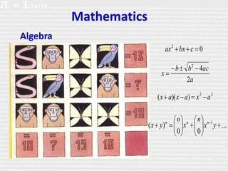 Mathematics
Algebra
02
 cbxax
a
acbb
x
2
42


22
))(( axaxax 
...
00
)( 1












 
yx
n
x
n
yx nnn
 