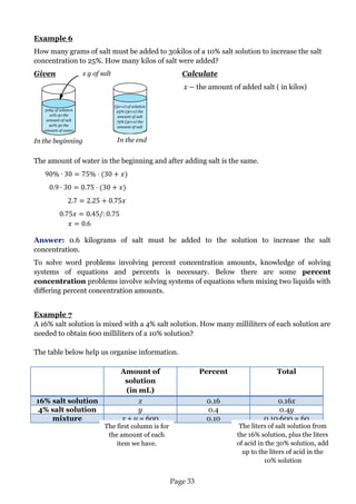 Page 33 
Example 6 
How many grams of salt must be added to 30kilos of a 10% salt solution to increase the salt concentration to 25%. How many kilos of salt were added? 
Given Calculate 
x the amount of added salt ( in kilos) 
The amount of water in the beginning and after adding salt is the same. 
Answer: 0.6 kilograms of salt must be added to the solution to increase the salt concentration. 
To solve word problems involving percent concentration amounts, knowledge of solving systems of equations and percents is necessary. Below there are some percent concentration problems involve solving systems of equations when mixing two liquids with differing percent concentration amounts. 
Example 7 
A 16% salt solution is mixed with a 4% salt solution. How many milliliters of each solution are needed to obtain 600 milliliters of a 10% solution? 
The table below help us organise information. 
Amount of solution 
(in mL) 
Percent 
Total 16% salt solution x 0.16 0.16x 
4% salt solution 
y 
0.4 
0.4y mixture x + y = 600 0.10 0.10·600 = 60 
The liters of salt solution from the 16% solution, plus the liters of acid in the 30% solution, add up to the liters of acid in the 10% solution 
The first column is for the amount of each item we have. 
In the beginning 
In the end 
30kg of solution 10%·30 the amount of salt 90%·30 the amount of water 
(30+x) of solution 25%·(30+x) the amount of salt 75%·(30+x) the amount of salt 
x g of salt  