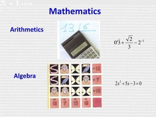Mathematics
Arithmetics
1
2
3
2
3'0 


Algebra
0352 2
 xx
 