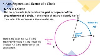 • Arc, Segment and Sector of a Circle
1. Arc of a Circle
The arc of a circle is defined as the part or segment of the
circumference of a circle. If the length of an arc is exactly half of
the circle, it is known as a semicircular arc.
Here in the given fig. ACB is the
major arc because it is the longer one
whereas AB is the minor arc of the
given circle.
 