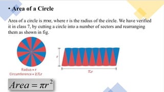 • Area of a Circle
Area of a circle is 𝜋rxr, where r is the radius of the circle. We have verified
it in class 7, by cutti...