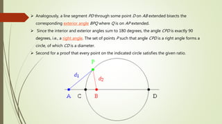  Analogously, a line segment PD through some point D on AB extended bisects the
corresponding exterior angle BPQ where Q is on AP extended.
 Since the interior and exterior angles sum to 180 degrees, the angle CPD is exactly 90
degrees, i.e., a right angle. The set of points P such that angle CPD is a right angle forms a
circle, of which CD is a diameter.
 Second for a proof that every point on the indicated circle satisfies the given ratio.
 