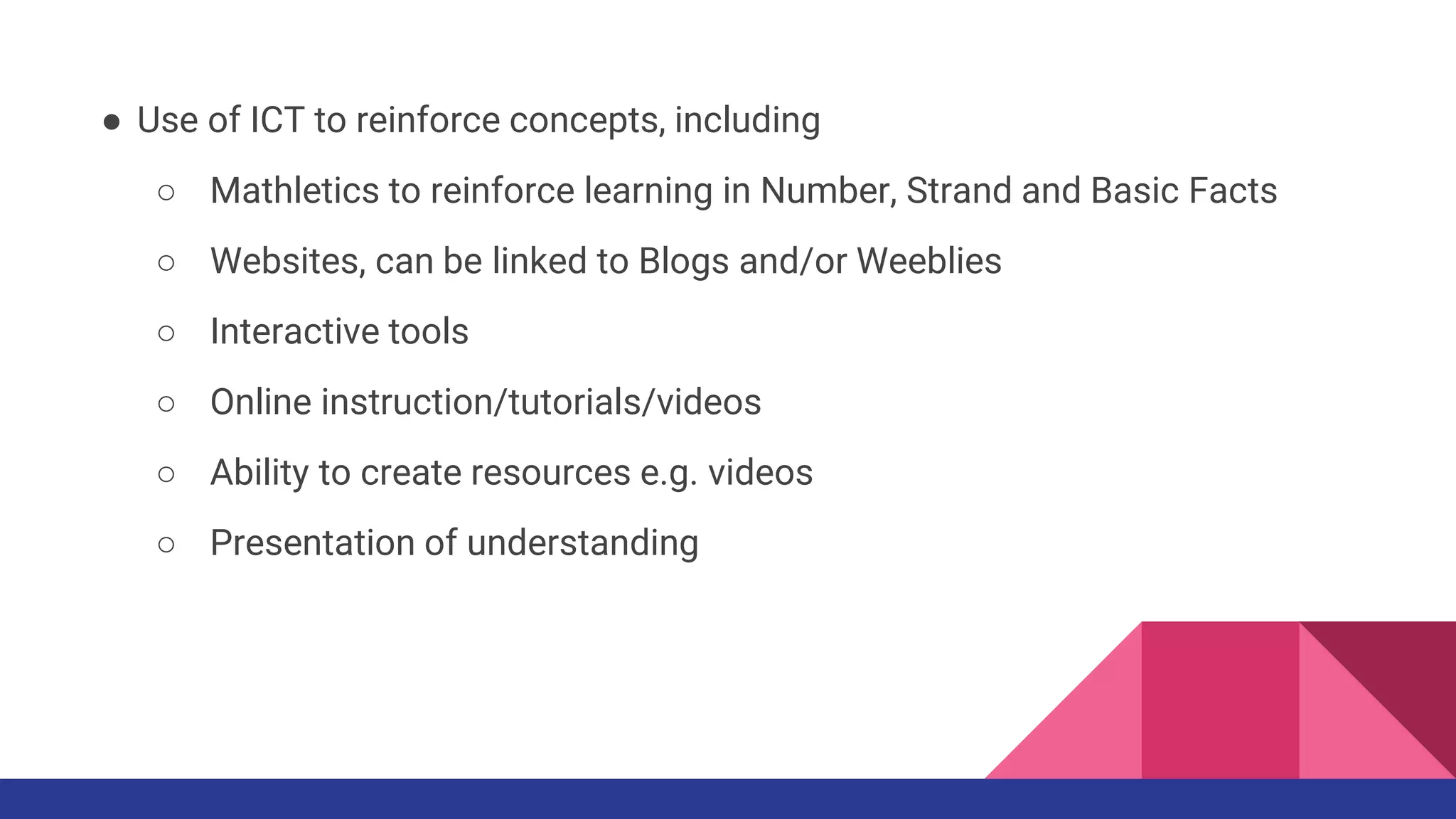 ● Use of ICT to reinforce concepts, including
○ Mathletics to reinforce learning in Number, Strand and Basic Facts
○ Websites, can be linked to Blogs and/or Weeblies
○ Interactive tools
○ Online instruction/tutorials/videos
○ Ability to create resources e.g. videos
○ Presentation of understanding
 