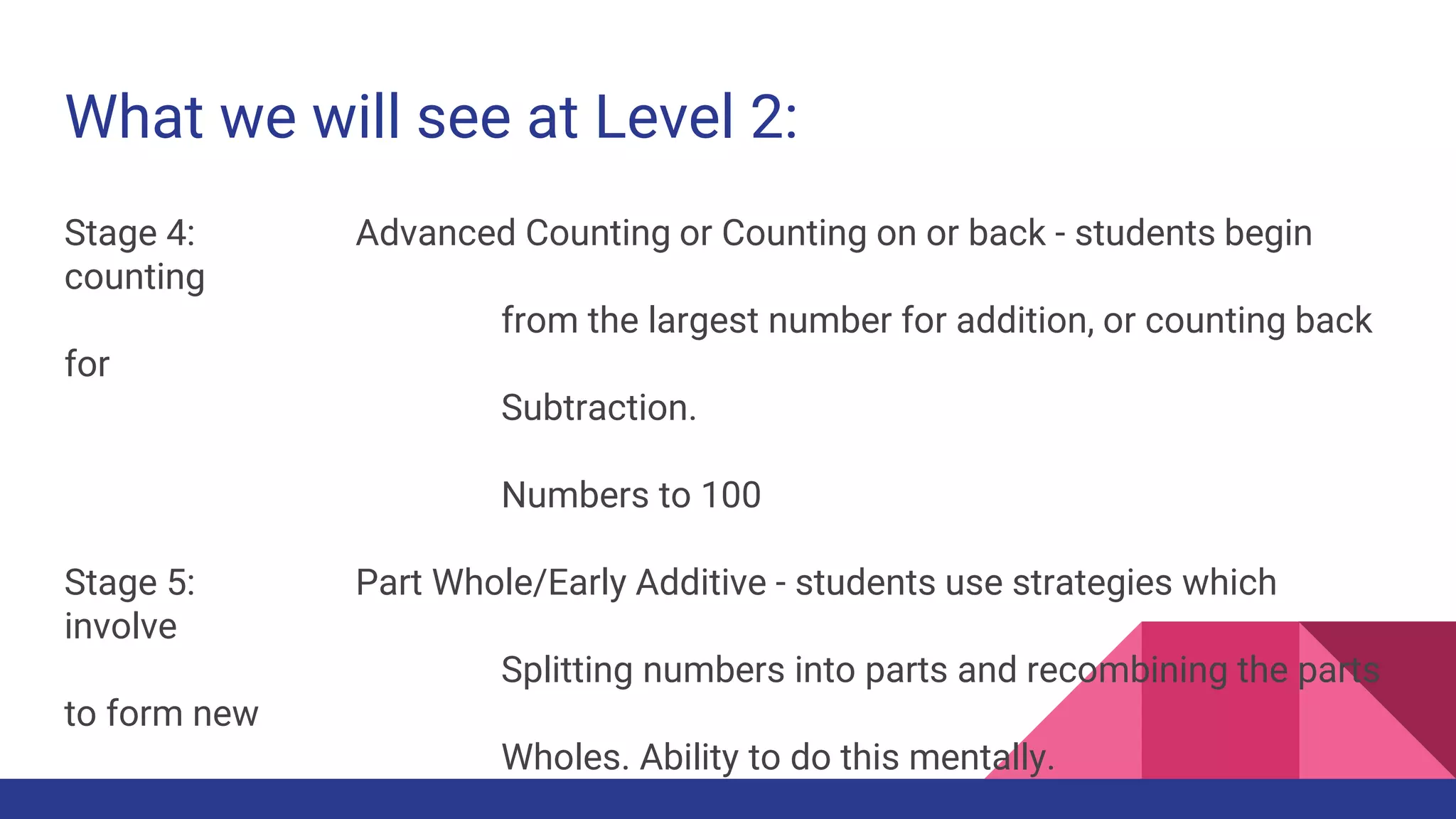 What we will see at Level 2:
Stage 4: Advanced Counting or Counting on or back - students begin
counting
from the largest number for addition, or counting back
for
Subtraction.
Numbers to 100
Stage 5: Part Whole/Early Additive - students use strategies which
involve
Splitting numbers into parts and recombining the parts
to form new
Wholes. Ability to do this mentally.
 