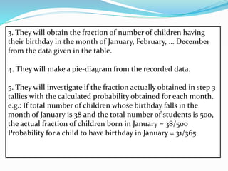 3. They will obtain the fraction of number of children having
their birthday in the month of January, February, … December
from the data given in the table.
4. They will make a pie-diagram from the recorded data.
5. They will investigate if the fraction actually obtained in step 3
tallies with the calculated probability obtained for each month.
e.g.: If total number of children whose birthday falls in the
month of January is 38 and the total number of students is 500,
the actual fraction of children born in January = 38/500
Probability for a child to have birthday in January = 31/365
 