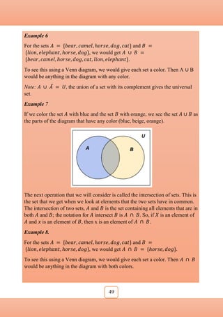 49
Example 6
For the sets 𝐴 = {𝑏𝑒𝑎𝑟, 𝑐𝑎𝑚𝑒𝑙, ℎ𝑜𝑟𝑠𝑒, 𝑑𝑜𝑔, 𝑐𝑎𝑡} and 𝐵 =
{𝑙𝑖𝑜𝑛, 𝑒𝑙𝑒𝑝ℎ𝑎𝑛𝑡, ℎ𝑜𝑟𝑠𝑒, 𝑑𝑜𝑔}, we would get 𝐴 ∪ 𝐵 =
{𝑏𝑒𝑎𝑟, 𝑐𝑎𝑚𝑒𝑙, ℎ𝑜𝑟𝑠𝑒, 𝑑𝑜𝑔, 𝑐𝑎𝑡, 𝑙𝑖𝑜𝑛, 𝑒𝑙𝑒𝑝ℎ𝑎𝑛𝑡}.
To see this using a Venn diagram, we would give each set a color. Then A ∪ B
would be anything in the diagram with any color.
Note: 𝐴 ∪ 𝐴̅ = 𝑈, the union of a set with its complement gives the universal
set.
Example 7
If we color the set 𝐴 with blue and the set 𝐵 with orange, we see the set 𝐴 ∪ 𝐵 as
the parts of the diagram that have any color (blue, beige, orange).
The next operation that we will consider is called the intersection of sets. This is
the set that we get when we look at elements that the two sets have in common.
The intersection of two sets, 𝐴 and 𝐵 is the set containing all elements that are in
both 𝐴 and 𝐵; the notation for 𝐴 intersect 𝐵 is 𝐴 ∩ 𝐵. So, if 𝑋 is an element of
𝐴 and 𝑥 is an element of 𝐵, then x is an element of 𝐴 ∩ 𝐵.
Example 8.
For the sets 𝐴 = {𝑏𝑒𝑎𝑟, 𝑐𝑎𝑚𝑒𝑙, ℎ𝑜𝑟𝑠𝑒, 𝑑𝑜𝑔, 𝑐𝑎𝑡} and 𝐵 =
{𝑙𝑖𝑜𝑛, 𝑒𝑙𝑒𝑝ℎ𝑎𝑛𝑡, ℎ𝑜𝑟𝑠𝑒, 𝑑𝑜𝑔}, we would get 𝐴 ∩ 𝐵 = {ℎ𝑜𝑟𝑠𝑒, 𝑑𝑜𝑔}.
To see this using a Venn diagram, we would give each set a color. Then 𝐴 ∩ 𝐵
would be anything in the diagram with both colors.
 