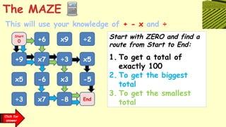 The MAZE
Click for
answer
This will use your knowledge of + - x and ÷
Start
0 +6 x9 ÷2
+9 x7 ÷3 x5
x5 -6 x3 -5
÷3 x7 -8 End
Start with ZERO and find a
route from Start to End:
1. To get a total of
exactly 100
2. To get the biggest
total
3. To get the smallest
total
 
