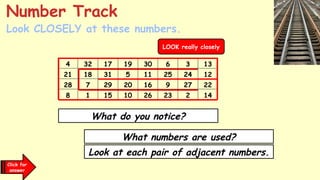 Look CLOSELY at these numbers.
Number Track
What do you notice?
4 32 17 19 30 6 3 13
21 18 31 5 11 25 24 12
28 7 29 20 16 9 27 22
8 1 15 10 26 23 2 14
Click for
clues
What numbers are used?
Look at each pair of adjacent numbers.
Click for
answer
LOOK really closely
 