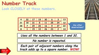 Uses all the numbers between 1 and 32.
Each pair of adjacent numbers along the
track adds up to a square number. WOW!
No number is repeated.
4 32 17 19 30 6 3 13
21 18 31 5 11 25 24 12
28 7 29 20 16 9 27 22
8 1 15 10 26 23 2 14
Any other
observations?
Click for
answer
Look CLOSELY at these numbers.
Number Track
 