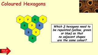 Coloured Hexagons
Which 3 hexagons need to
be repainted (yellow, green
or blue) so that
no adjacent shapes
are the same colour?
Y Y Y
Y
Y
G
G
G
B
B
Click for
answer
 
