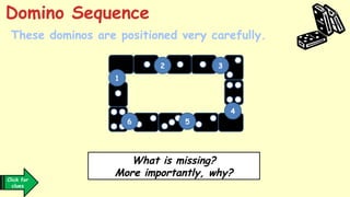 ?
1
2 3
4
6 5
What is missing?
More importantly, why?
Click for
answer
Click for
clues
These dominos are positioned very carefully.
Domino Sequence
 