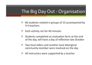 The	
  Big	
  Day	
  Out	
  -­‐	
  Organisation	
  
  60	
  students	
  rotated	
  in	
  groups	
  of	
  15	
  accompanied	
  by	
  

3-­‐4	
  teachers	
  

  Each	
  ac/vity	
  ran	
  for	
  40	
  minutes	
  
  Students	
  completed	
  an	
  evalua/on	
  form	
  at	
  the	
  end	
  

of	
  the	
  day,	
  will	
  have	
  a	
  day	
  of	
  reﬂec/on	
  late	
  October	
  

  Two	
  local	
  elders	
  and	
  another	
  local	
  Aboriginal	
  

community	
  member	
  were	
  involved	
  on	
  the	
  day	
  

  All	
  instructors	
  were	
  supported	
  by	
  a	
  teacher	
  

 