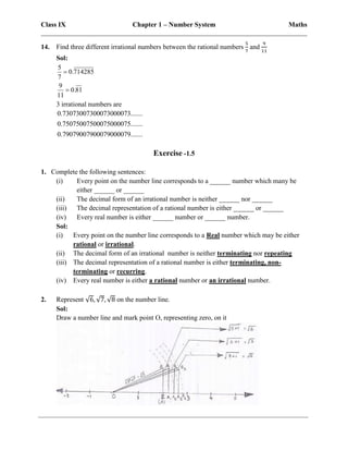 Class IX Chapter 1 – Number System Maths
______________________________________________________________________________
14. Find three different irrational numbers between the rational numbers
5
7
and
9
11
Sol:
5
0.714285
7
9
0.81
11


3 irrational numbers are
0.73073007300073000073.......
0.75075007500075000075.......
0.79079007900079000079.......
Exercise -1.5
1. Complete the following sentences:
(i) Every point on the number line corresponds to a ______ number which many be
either ______ or ______
(ii) The decimal form of an irrational number is neither ______ nor ______
(iii) The decimal representation of a rational number is either ______ or ______
(iv) Every real number is either ______ number or ______ number.
Sol:
(i) Every point on the number line corresponds to a Real number which may be either
rational or irrational.
(ii) The decimal form of an irrational number is neither terminating nor repeating
(iii) The decimal representation of a rational number is either terminating, non-
terminating or recurring.
(iv) Every real number is either a rational number or an irrational number.
2. Represent √6, √7, √8 on the number line.
Sol:
Draw a number line and mark point O, representing zero, on it
 