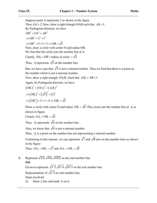 Class IX Chapter 1 – Number System Maths
______________________________________________________________________________
Suppose point A represents 2 as shown in the figure
Then 2.
OA  Now, draw a right triangle OAB such that 1.
AB 
By Pythagoras theorem, we have
2 2 2
2 2 2
2
2 1
4 1 5 5
OB OA AB
OB
OB OB
 
  
     
Now, draw a circle with center O and radius OB.
We fine that the circle cuts the number line at A
Clearly, 1
OA OB
 radius of circle 5

Thus, 1
A represents 5 on the number line.
But, we have seen that 5 is not a rational number. Thus we find that there is a point on
the number which is not a rational number.
Now, draw a right triangle 1 1,
OA B Such that 1 1 1
A B AB
 
Again, by Pythagoras theorem, we have
     
     
 
2 2 2
1 1 1 1
2
2 2
1
2
1 1
5 1
5 1 6 6
OB OA A B
OB
OB OB
 
  
     
Draw a circle with center O and radius 1 6.
OB  This circle cuts the number line at 2
A as
shown in figure
Clearly 2 1 6
OA OB
 
Thus, 2
A represents 6 on the number line.
Also, we know that 6 is not a rational number.
Thus, 2
A is a point on the number line not representing a rational number
Continuing in this manner, we can represent 7 and 8 also on the number lines as shown
in the figure
Thus, 3 2 7
OA OB
  and 4 3 8
OA OB
 
3. Represent √3.5, √9.4, √10.5 on the real number line.
Sol:
Given to represent 3 5, 9 4, 10 5
   on the real number line
Representation of 3 5
 on real number line:
Steps involved:
(i) Draw a line and mark A on it.
 