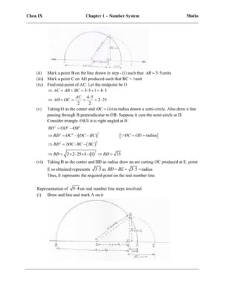 Class IX Chapter 1 – Number System Maths
______________________________________________________________________________
(ii) Mark a point B on the line drawn in step - (i) such that 3 5
AB   units
(iii) Mark a point C on AB produced such that BC = 1unit
(iv) Find mid-point of AC. Let the midpoint be O
3 5 1 4 5
4 5
2 25
2 2
AC AB BC
AC
AO OC
       

     
(v) Taking O as the center and OC OA
 as radius drawn a semi-circle. Also draw a line
passing through B perpendicular to OB. Suppose it cuts the semi-circle at D.
Consider triangle ,
OBD it is right angled at B.
2 2 2
BD OD OB
 
 
2
2 2
BD OC OC BC
     
radius
OC OD
 
 
2
2
2
BD OC BC BC
   
 
2
2 2 25 1 1 35
BD BD
       
(vi) Taking B as the center and BD as radius draw an arc cutting OC produced at E. point
E so obtained represents 3 5
 as 3 5
BD BE
   radius
Thus, E represents the required point on the real number line.
Representation of 9 4
 on real number line steps involved:
(i) Draw and line and mark A on it
 