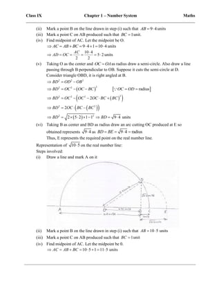 Class IX Chapter 1 – Number System Maths
______________________________________________________________________________
(ii) Mark a point B on the line drawn in step (i) such that 9 4
AB   units
(iii) Mark a point C on AB produced such that 1
BC  unit.
(iv) Find midpoint of AC. Let the midpoint be O.
9 4 1 10 4
AC AB BC
        units
10 4
5 2
2 2
AC
AD OC

      units
(v) Taking O as the center and OC OA
 as radius draw a semi-circle. Also draw a line
passing through B perpendicular to OB. Suppose it cuts the semi-circle at D.
Consider triangle OBD, it is right angled at B.
2 2 2
BD OD OB
  
   
2
2 2
radius
BD OC OC BC OC OD
     
 
 
 
 
 
2
2 2 2
2 2
2 2
2
2
2 5 2 1 1 9 4 units
BD OC OC OC BC BC
BD OC BC BC
BD BD
     
   
        
(vi) Taking B as center and BD as radius draw an arc cutting OC produced at E so
obtained represents 9 4
 as 9 4 radius
BD BE
   
Thus, E represents the required point on the real number line.
Representation of 10 5
 on the real number line:
Steps involved:
(i) Draw a line and mark A on it
(ii) Mark a point B on the line drawn in step (i) such that 10 5 units
AB  
(iii) Mark a point C on AB produced such that 1unit
BC 
(iv) Find midpoint of AC. Let the midpoint be 0.
10 5 1 11 5 units
AC AB BC
       
 