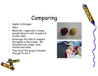 Comparing
• Apples to Oranges
• Class
• Materials: 1 apple and 1 orange,
enough slices of each to pass out
to your class.
• Encourage the class to compare
the apples to the orange. We
discussed size, shape, color,
texture and taste.
• They loved this project because
they got to eat it.
 