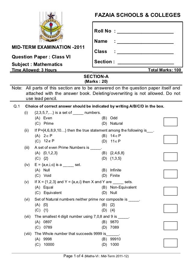 Mid term paper of Maths class VI 2011 Fazaia Inter college