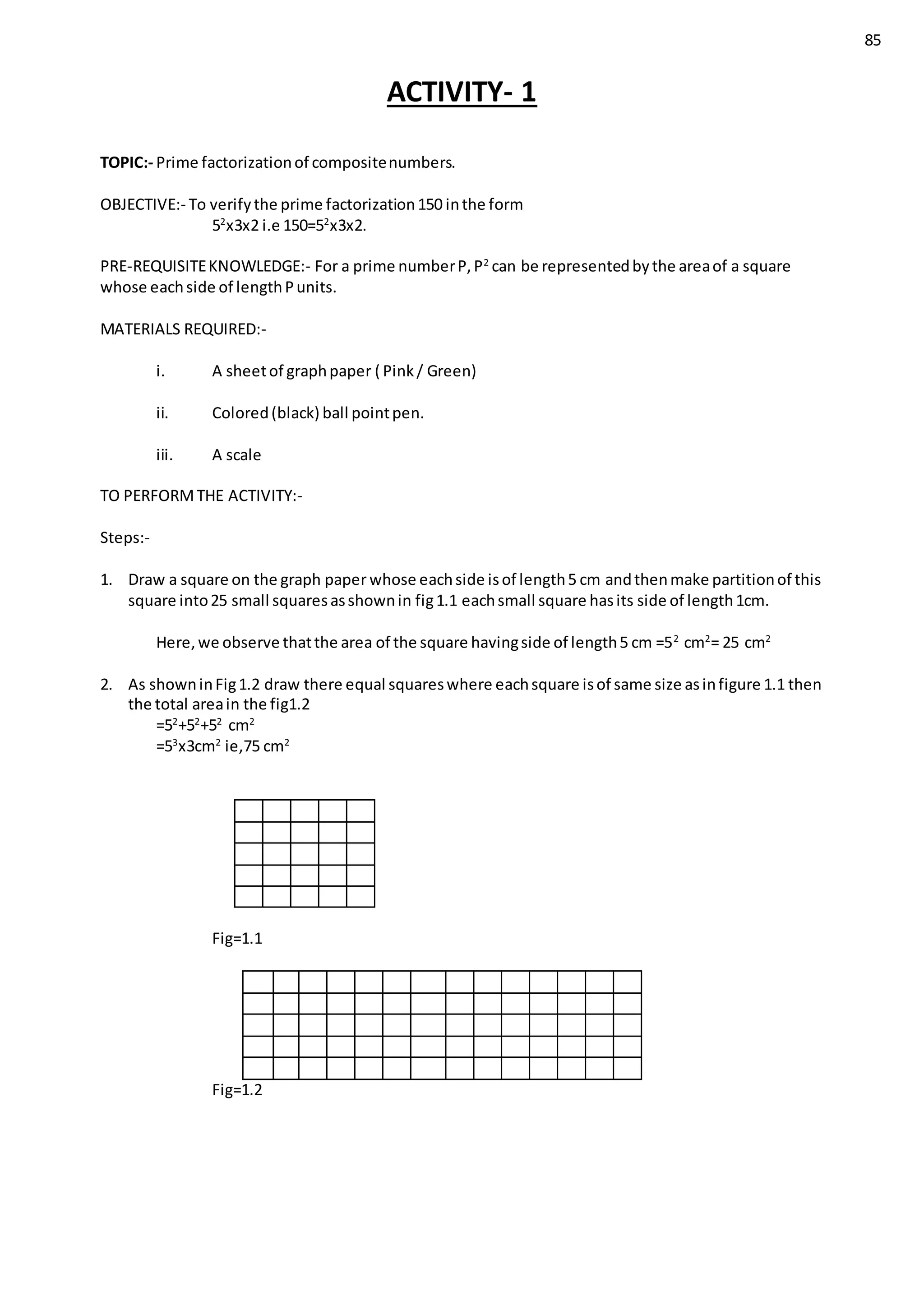 85
ACTIVITY- 1
TOPIC:- Prime factorizationof compositenumbers.
OBJECTIVE:- To verifythe prime factorization150 inthe form
52
x3x2 i.e 150=52
x3x2.
PRE-REQUISITEKNOWLEDGE:- For a prime numberP,P2
can be representedbythe areaof a square
whose eachside of lengthPunits.
MATERIALS REQUIRED:-
i. A sheetof graphpaper ( Pink/ Green)
ii. Colored(black) ball pointpen.
iii. A scale
TO PERFORMTHE ACTIVITY:-
Steps:-
1. Draw a square on the graph paper whose eachside isof length5 cm andthenmake partitionof this
square into25 small squaresasshownin fig1.1 eachsmall square hasits side of length1cm.
Here,we observe thatthe area of the square havingside of length5 cm =52
cm2
= 25 cm2
2. As showninFig1.2 draw there equal squareswhere eachsquare isof same size asinfigure 1.1 then
the total areain the fig1.2
=52
+52
+52
cm2
=53
x3cm2
ie,75 cm2
Fig=1.1
Fig=1.2
 