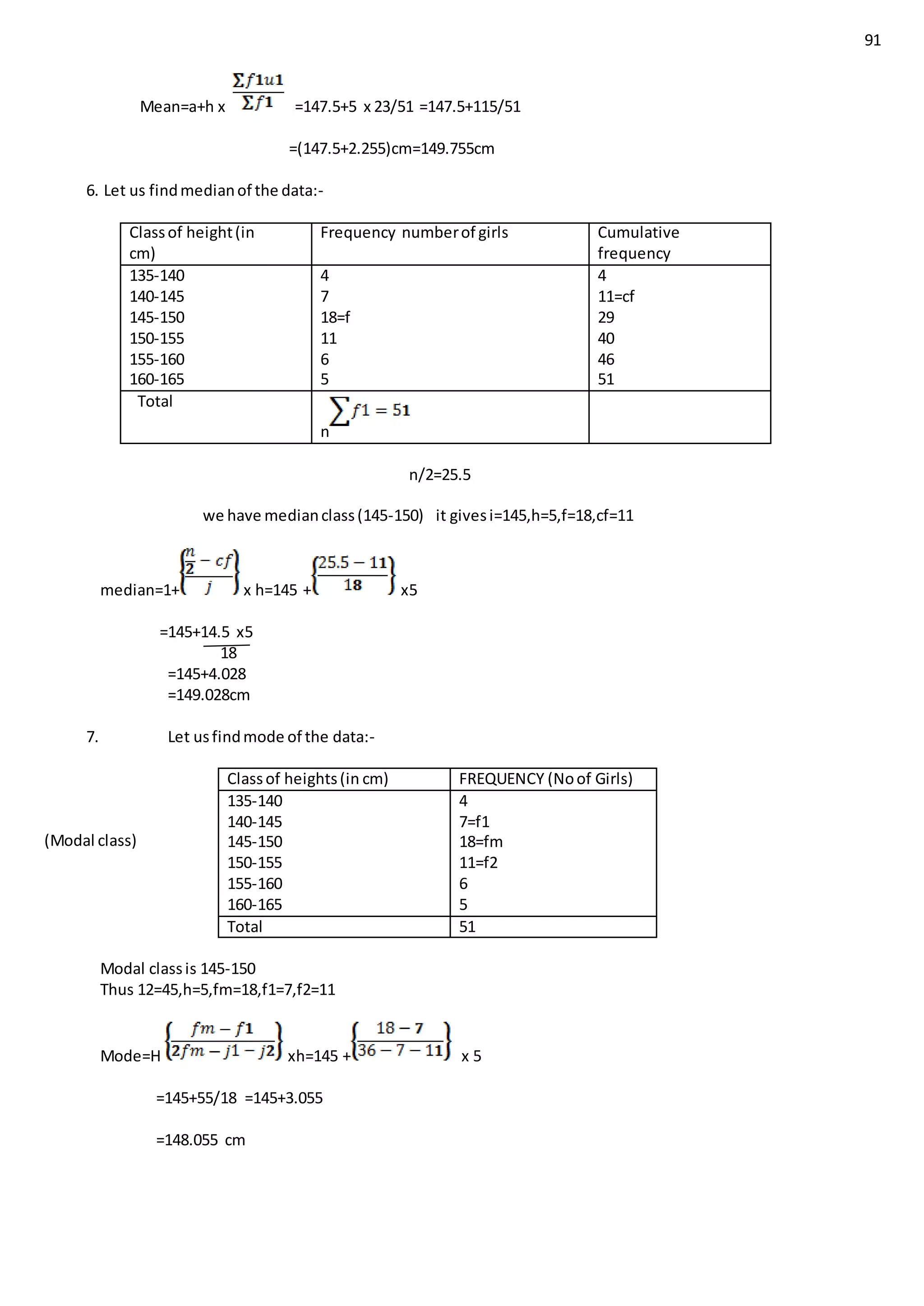 91
Mean=a+h x =147.5+5 x 23/51 =147.5+115/51
=(147.5+2.255)cm=149.755cm
6. Let us findmedianof the data:-
n/2=25.5
we have medianclass(145-150) it givesi=145,h=5,f=18,cf=11
median=1+ x h=145 + x5
=145+14.5 x5
18
=145+4.028
=149.028cm
7. Let usfindmode of the data:-
(Modal class)
Modal classis 145-150
Thus 12=45,h=5,fm=18,f1=7,f2=11
Mode=H xh=145 + x 5
=145+55/18 =145+3.055
=148.055 cm
Classof height(in
cm)
Frequency numberof girls Cumulative
frequency
135-140
140-145
145-150
150-155
155-160
160-165
4
7
18=f
11
6
5
4
11=cf
29
40
46
51
Total
n
Classof heights(in cm) FREQUENCY (Noof Girls)
135-140
140-145
145-150
150-155
155-160
160-165
4
7=f1
18=fm
11=f2
6
5
Total 51
 