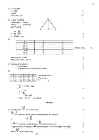 32
14. x+y+40=1800
x+y=1400 1/2
x-y=300 1/2
x=850
andy =55o ½+1/2
15. In ∆RSP and∆RPQ
RSP=RPQ (Given) 1
R=R (Common)
∆RSP ∆RPQ
 = ½
 =RP2
½
16.
>Medianclass 1
Here n=50, => n/2=25 ½
Whichliesinthe C.I.20-30 ½
17. 7x5x3x2+3=3(7x5x2+1) 1
=(70+1)=3x71 ½
The givennumberiscomposite number ½
18.
Frequencytable-> 1
k
 ½

 21.5 = , to findk=5 ½
SECTION C
19. Let if possible be arational no. ½
= = where pand q are co primesandq≠0 p & q integers 1
 =
 rational numberbecause isa rational number ½
Thisgivescontractionbecause isnota rational no.our assumptioniswrong ½
Hence is an irrational no. ½
Or
C.I. fi c.f
0-10 9 9
10-20 12 21
20-30 5 26
30-40 16 42
40-50 8 50
x 5 15 25 35 45
f 6 4 3 k 2
fx 30 60 75 35k 90
 
