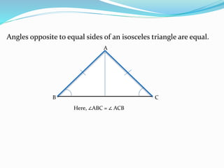 Angles opposite to equal sides of an isosceles triangle are equal.
B C
A
Here, ∠ABC = ∠ ACB
 