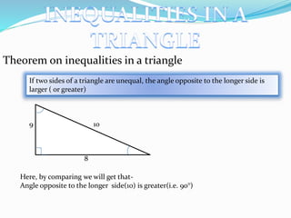 Theorem on inequalities in a triangle
If two sides of a triangle are unequal, the angle opposite to the longer side is
larger ( or greater)
10
8
9
Here, by comparing we will get that-
Angle opposite to the longer side(10) is greater(i.e. 90°)
 