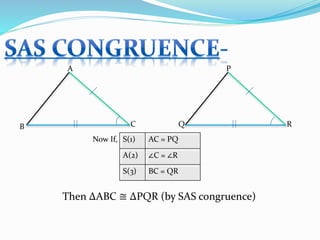 A
B C
P
Q R
S(1) AC = PQ
A(2) ∠C = ∠R
S(3) BC = QR
Now If,
Then ∆ABC ≅ ∆PQR (by SAS congruence)
 