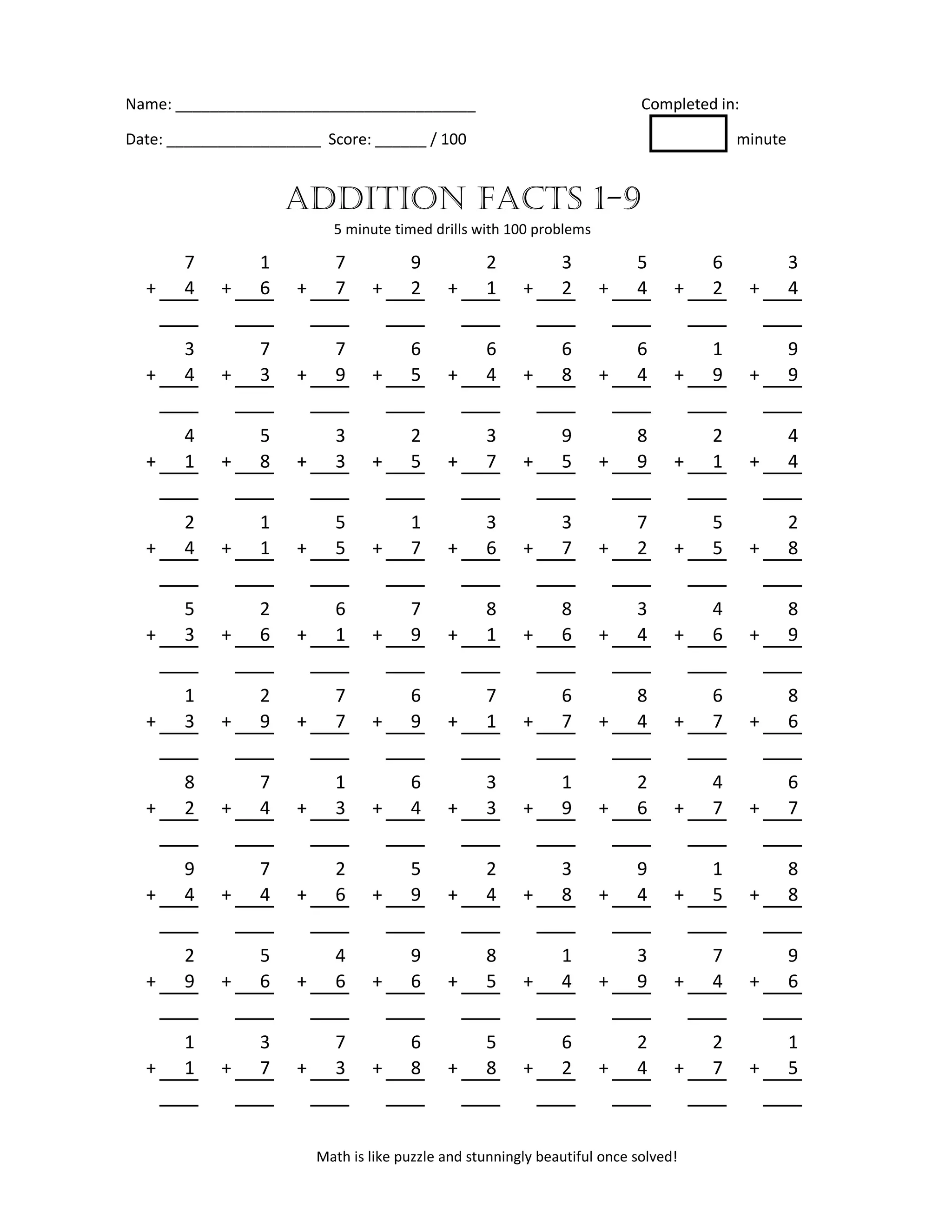 Name: ___________________________________ Completed in:
Date: __________________ Score: ______ / 100 minute
7 1 7 9 2 3 5 6 3
+ 4 + 6 + 7 + 2 + 1 + 2 + 4 + 2 + 4
3 7 7 6 6 6 6 1 9
+ 4 + 3 + 9 + 5 + 4 + 8 + 4 + 9 + 9
4 5 3 2 3 9 8 2 4
+ 1 + 8 + 3 + 5 + 7 + 5 + 9 + 1 + 4
2 1 5 1 3 3 7 5 2
+ 4 + 1 + 5 + 7 + 6 + 7 + 2 + 5 + 8
5 2 6 7 8 8 3 4 8
+ 3 + 6 + 1 + 9 + 1 + 6 + 4 + 6 + 9
1 2 7 6 7 6 8 6 8
+ 3 + 9 + 7 + 9 + 1 + 7 + 4 + 7 + 6
8 7 1 6 3 1 2 4 6
+ 2 + 4 + 3 + 4 + 3 + 9 + 6 + 7 + 7
9 7 2 5 2 3 9 1 8
+ 4 + 4 + 6 + 9 + 4 + 8 + 4 + 5 + 8
2 5 4 9 8 1 3 7 9
+ 9 + 6 + 6 + 6 + 5 + 4 + 9 + 4 + 6
1 3 7 6 5 6 2 2 1
+ 1 + 7 + 3 + 8 + 8 + 2 + 4 + 7 + 5
ADDITION FACTS 1-9
5 minute timed drills with 100 problems
Math is like puzzle and stunningly beautiful once solved!
 