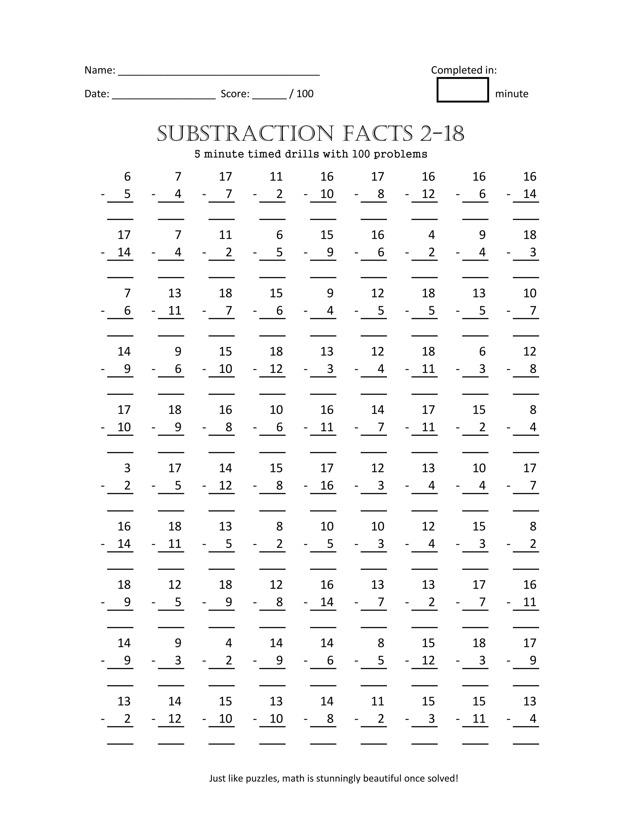 Name: ___________________________________ Completed in:
Date: __________________ Score: ______ / 100 minute
6 7 17 11 16 17 16 16 16
- 5 - 4 - 7 - 2 - 10 - 8 - 12 - 6 - 14
17 7 11 6 15 16 4 9 18
- 14 - 4 - 2 - 5 - 9 - 6 - 2 - 4 - 3
7 13 18 15 9 12 18 13 10
- 6 - 11 - 7 - 6 - 4 - 5 - 5 - 5 - 7
14 9 15 18 13 12 18 6 12
- 9 - 6 - 10 - 12 - 3 - 4 - 11 - 3 - 8
17 18 16 10 16 14 17 15 8
- 10 - 9 - 8 - 6 - 11 - 7 - 11 - 2 - 4
3 17 14 15 17 12 13 10 17
- 2 - 5 - 12 - 8 - 16 - 3 - 4 - 4 - 7
16 18 13 8 10 10 12 15 8
- 14 - 11 - 5 - 2 - 5 - 3 - 4 - 3 - 2
18 12 18 12 16 13 13 17 16
- 9 - 5 - 9 - 8 - 14 - 7 - 2 - 7 - 11
14 9 4 14 14 8 15 18 17
- 9 - 3 - 2 - 9 - 6 - 5 - 12 - 3 - 9
13 14 15 13 14 11 15 15 13
- 2 - 12 - 10 - 10 - 8 - 2 - 3 - 11 - 4
SUBSTRACTION FACTS 2-18
5 minute timed drills with 100 problems
Just like puzzles, math is stunningly beautiful once solved!
 