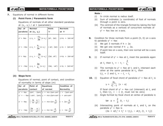 MATHS FORMULA - POCKET BOOK MATHS FORMULA - POCKET BOOK
E D U C A T I O N S
, 608-A, TALWANDI KOTA (RAJ.) Ph. 0744 - 6450883, 2405510
E D U C A T I O N S
, 608-A, TALWANDI KOTA (RAJ.) Ph. 0744 - 6450883, 2405510
7. Equations of normal in different forms
(i) Point Form / Parametric form
Equations of normals of all other standard parabolas
at (x1
, y1
) / at t (parameter)
Eqn
. of Normal Point Normals
parabola at (x1
, y1
) 't' at 't'
y2
= 4ax y–y1
=
−y
a
1
2
(x–x1
) (at2
, 2at) y+tx = 2at+at3
y2
= –4ax y–y1
=
y
a
1
2
(x–x1
) (–at2
, 2at) y–tx = 2at+at3
x2
= 4ay y–y1
= –
2
1
a
x (x–x1
) (2at, at2
) x+ty = 2at+at3
x2
= –4ay y–y1
=
2
1
a
x (x–x1
) (2at, –at2
) x–ty = 2at+at3
(ii) Slope form
Equations of normal, point of contact, and condition
of normality in terms of slope (m)
Eqn
. of Point of Equations Condition of
parabola contact of normal Normality
y2
= 4ax (am2
, –2am) y = mx–2am–am3
c = –2am–am3
y2
= – 4ax (–am2
, 2am) y = mx+2am+am3
c = am+am3
x2
= 4ay −
F
HG I
KJ2
2
a
m
a
m
, y = mx+2a+
a
m2 c = 2a+
a
m2
x2
= –4ay
2
2
a
m
a
m
, −
F
HG I
KJ y = mx–2a–
a
m2
c = –2a–
a
m2
Note :
(i) In circle normal is radius itself.
(ii) Sum of ordinates (y coordinate) of foot of normals
through a point is zero.
(iii) The centroid of the triangle formed by taking the foot
of normals as a vertices of concurrent normals of
y2
= 4ax lies on x-axis.
8. Condition for three normals from a point (h, 0) on x-axis
to parabola y2
= 4ax
(i) We get 3 normals if h > 2a
(ii) We get one normal if h ≤ 2a.
(iii) If point lies on x-axis, then one normal will be x-axis
itself.
9. (i) If normal of y2
= 4ax at t1
meet the parabola again
at t2
then t2
= – t1
–
2
1t
(ii) The normals to y2
= 4ax at t1
and t2
intersect each
other at the same parabola at t3
, then
t1
t2
= 2 and t3
= – t1
– t2
10. (i) Equation of focal chord of parabola y2
= 4ax at t1
is
y =
2
1
1
1
2
t
t −
(x – a)
If focal chord of y2
= 4ax cut (intersect) at t1
and
t2
then t1
t2
= – 1 (t1
must not be zero)
(ii) Angle formed by focal chord at vertex of parabola is
tan θ =
2
3
|t2
– t1
|
(iii) Intersecting point of normals at t1
and t2
on the
parabola y2
= 4ax is
(2a + a(t1
2
+ t2
2
+ t1
t2
), – at1
t2
(t1
+ t2
))
PAGE # 73 PAGE # 74
 