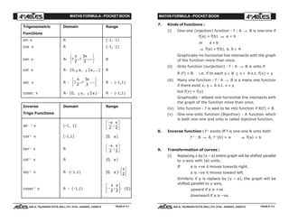 MATHS FORMULA - POCKET BOOK MATHS FORMULA - POCKET BOOK
E D U C A T I O N S
, 608-A, TALWANDI KOTA (RAJ.) Ph. 0744 - 6450883, 2405510
E D U C A T I O N S
, 608-A, TALWANDI KOTA (RAJ.) Ph. 0744 - 6450883, 2405510
Trigonometric Domain Range
Functions
sin x R [-1, 1]
cos x R [-1, 1]
tan x R- ± ±
RST
UVW
π π
2
3
2
, ,... R
cot x R- {0,± π, ± 2π ,...} R
sec x R - ± ±
RST
UVW
π π
2
3
2
, ,... R - (-1,1)
cosec x R- {0, ± π , ± 2π} R - (-1,1)
Inverse Domain Range
Trigo Functions
sin -1
x (-1, 1]
−L
NM O
QPπ π
2 2
,
cos-1
x [-1,1] [0, π]
tan-1
x R
−F
HG I
KJπ π
2 2
,
cot-1
x R (0, π)
sec-1
x R -(-1,1) [0, π ]-
π
2
RST
UVW
cosec-1
x R - (-1,1) −
L
NM O
QPπ π
2 2
, - {0}
7. Kinds of functions :
(i) One-one (injection) function - f : A → B is one-one if
f(a) = f(b) ⇒ a = b
or a ≠ b
⇒ f(a) ≠ f(b), a, b ∈ A
Graphically-no horizontal line intersects with the graph
of the function more than once.
(ii) Onto function (surjection) - f : A → B is onto if
R (f) = B i.e. if to each y ∈ B ∃ x ∈ A s.t. f(x) = y
(iii) Many one function : f : A → B is a many one function
if there exist x, y ∈ A s.t. x ≠ y
but f(x) = f(y)
Graphically - atleast one horizontal line intersects with
the graph of the function more than once.
(iv) Into function : f is said to be into function if R(f) < B
(v) One-one-onto function (Bijective) - A function which
is both one-one and onto is called bijective function.
8. Inverse function : f–1
exists iff f is one-one & onto both
f–1
: B → A, f–1
(b) = a ⇒ f(a) = b
9. Transformation of curves :
(i) Replacing x by (x – a) entire graph will be shifted parallel
to x-axis with |a| units.
If a is +ve it moves towards right.
a is –ve it moves toward left.
Similarly if y is replace by (y – a), the graph will be
shifted parallel to y-axis,
upward if a is +ve
downward if a is –ve.
PAGE # 111 PAGE # 112
 