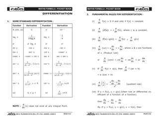 MATHS FORMULA - POCKET BOOK MATHS FORMULA - POCKET BOOK
E D U C A T I O N S
, 608-A, TALWANDI KOTA (RAJ.) Ph. 0744 - 6450883, 2405510
E D U C A T I O N S
, 608-A, TALWANDI KOTA (RAJ.) Ph. 0744 - 6450883, 2405510
DIFFERENTIATION
1. SOME STANDARD DIFFERENTIATION :
Function Derivative Function Derivative
A cons. (k) 0 xn
nxn – 1
loga
x
1
x aelog
loge
x
1
x
ax
ax
loge
a ex
ex
sin x cos x cos x –sin x
tan x sec2
x cot x –cosec2
x
cosec x –cosec x cot x sec x sec x tan x
sin–1
x
1
1 2
− x
,–1<x<1 cos–1
x –
1
1 2
− x
,–1<x<1
sec–1
x
1
1 2
| |x x−
,|x|>1 cosec–1
x –
1
1 2
| |x x−
,–1|x|>|
tan–1
x
1
1 2
+ x
, x ∈ R cot–1
x –
1
1 2
+ x
, x ∈R
[x] 0, x ∉ I |x|
x
x| |
, x ≠ 0
NOTE :
d
dx
[x] does not exist at any integral Point.
2. FUNDAMENTAL RULES FOR DIFFERENTIATION :
(i)
d
dx
f(x) = 0 if and only if f(x) = constant
(ii)
d
dx
cf x( )c h = c
d
dx
f(x), where c is a constant.
(iii)
d
dx
f x g x( ) ( )±c h =
d
dx
f(x) ±
d
dx
g(x)
(iv)
d
dx
(uv) = u
dv
dx
+ v
du
dx
, where u & v are functions
of x. (Product rule)
or
d
dx
(uvw) = vw
du
dx
+ uw
dv
dx
+ uv
dw
dx
.
(v) If
d
dx
f(x) = φ(x), then
d
dx
f (ax + b)
= a φ(ax + b)
(vi)
d
dx
u
v
F
HG I
KJ =
v
du
dx
u
dv
dx
v
−
2
(quotient rule)
(vii) If y = f(u), u = g(x) [chain rule or differential co-
efficient of a function of a function]
then
dy
dx
=
dy
du
×
du
dx
llly If y = f(u), u = g(v), v = h(x), then
PAGE # 121 PAGE # 122
 
