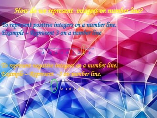 How do we represent integers on number line?
To represent positive integers on a number line.
Example – Represent 3 on a number line
-4 -3 -2 -1 0 1 2 3 4
To represent negative integers on a number line.
Example – Represent -3 on number line.
-3 -2 -1 0 1 2 3
 