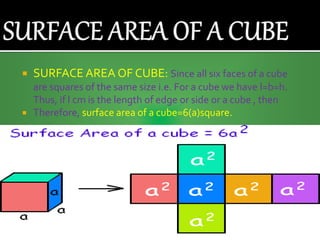  SURFACE AREA OF CUBE: Since all six faces of a cube
are squares of the same size i.e. For a cube we have l=b=h.
Thus, if l cm is the length of edge or side or a cube , then
 Therefore, surface area of a cube=6(a)square.
 